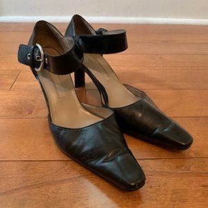 Nine West Black Leather Ankle Strap Pumps